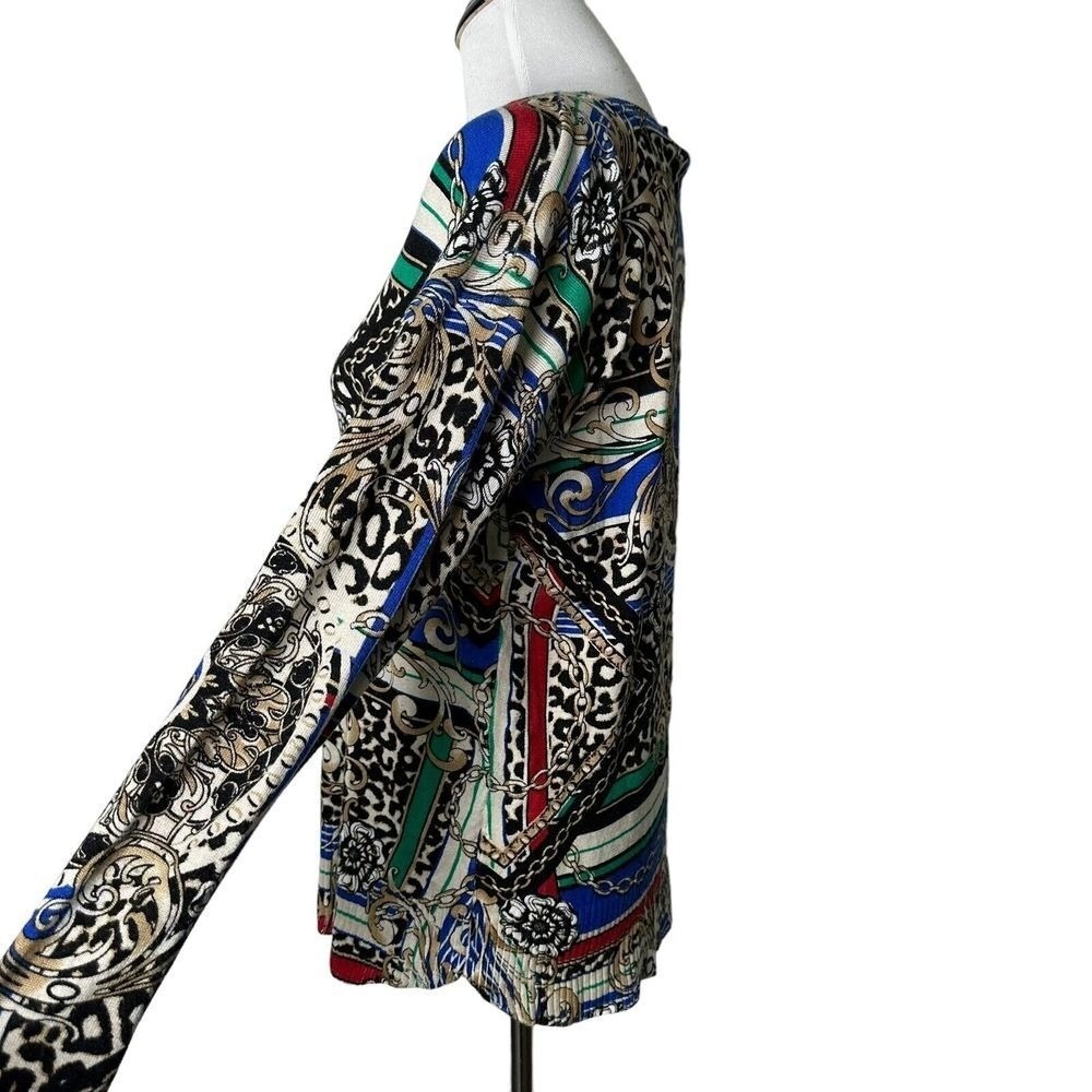 Baroque Medallion Scarf Print Long Sleeve Tunic Blouse Leopard Knit M Blue Multi - Picture 3 of 13